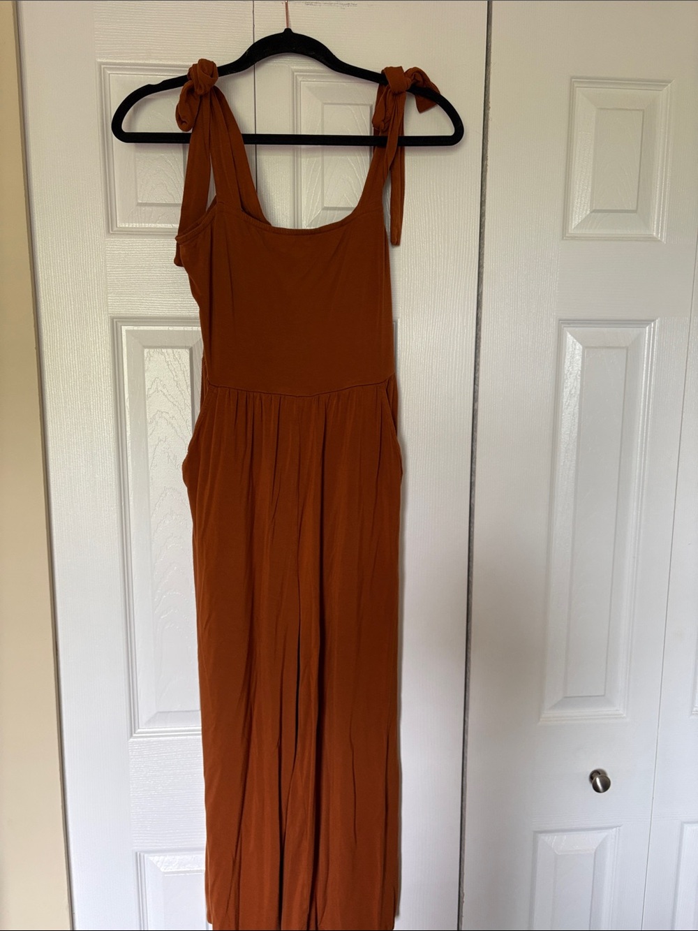 American Eagle Rust Orange Tie Strap Wide Leg Jumpsuit Soft Knit Pockets